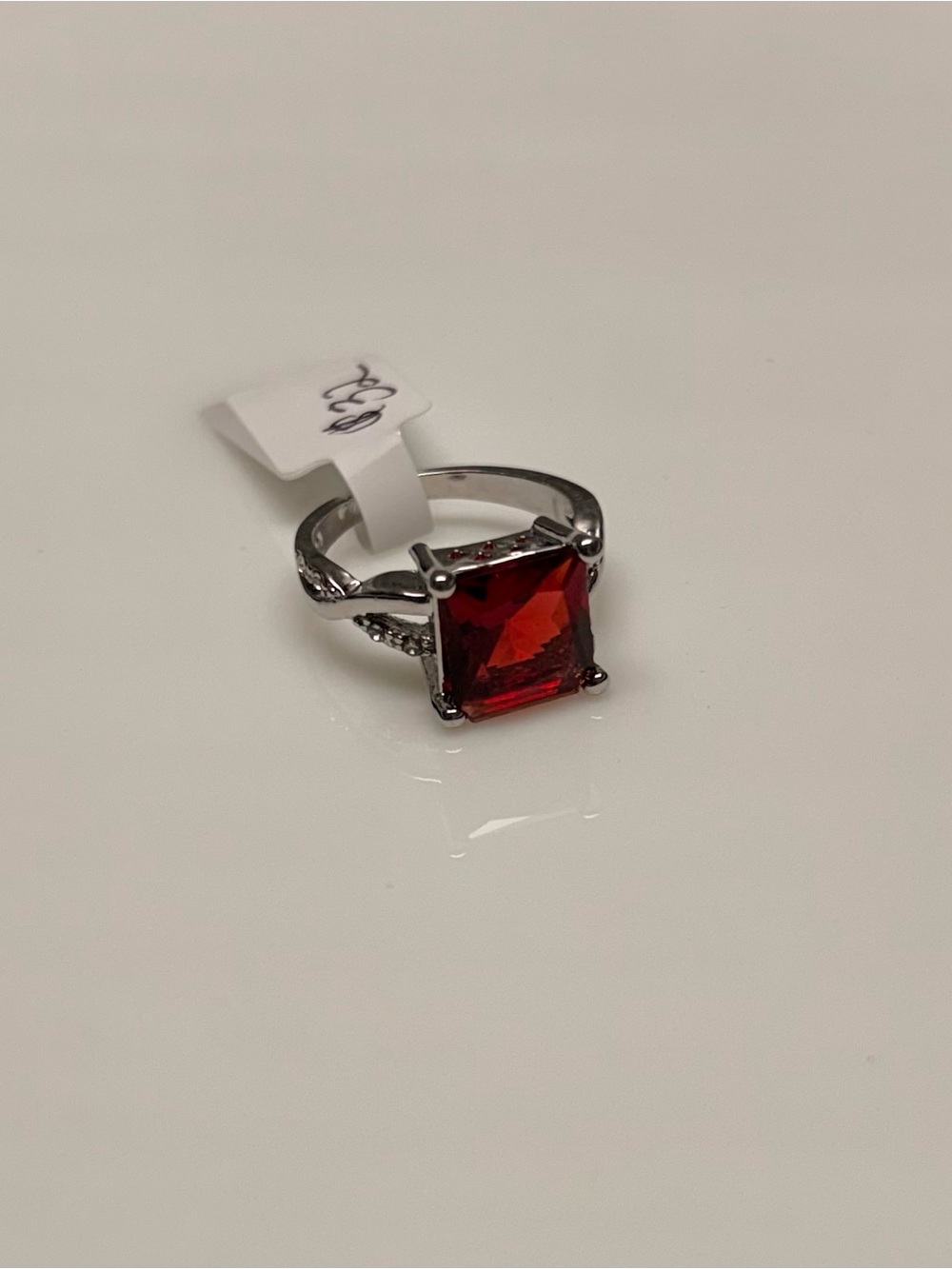 Princess Cut Red Faux Ruby Silver Fashion Statement Cocktail Ring. Size 6.5. NWT